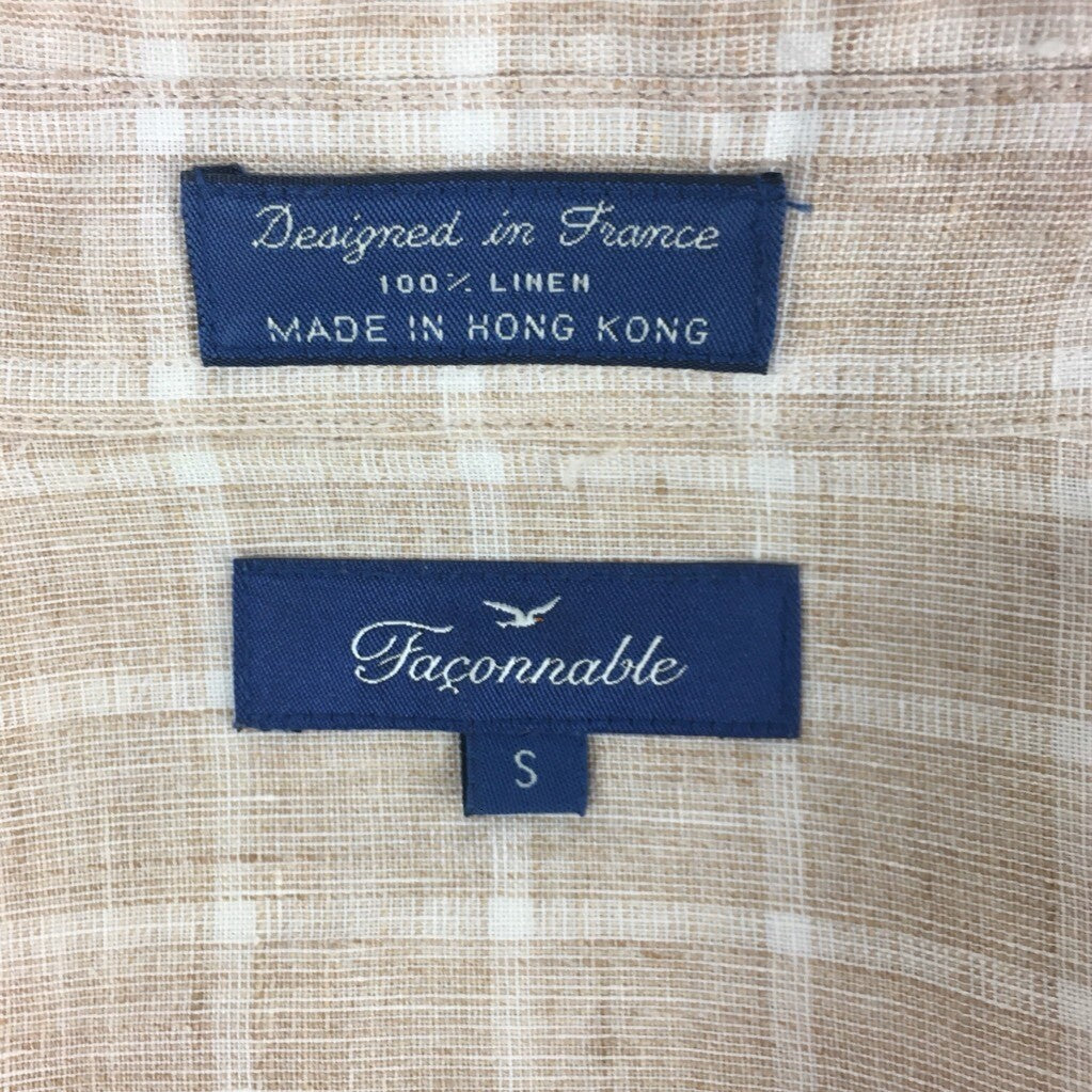 Faconnable Mens Button Front Shirt Beige Checks Round Hem Long Sleeves Linen S