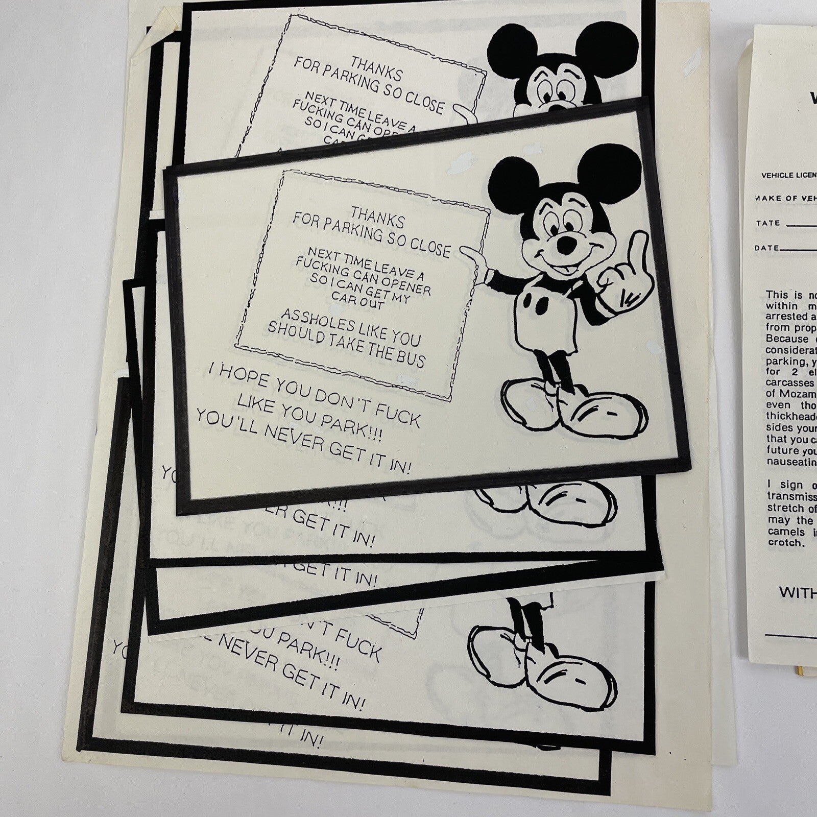Vintage Funny Novelty Prank Bad Parking Cards and Citations Mickey Mouse LOOK