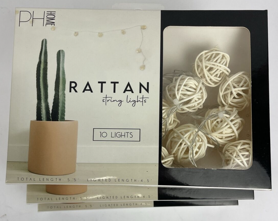 Lot of 3 x PH HOME - Natural Rattan String Lights (10) 5.5' Long 4.5' Lighted