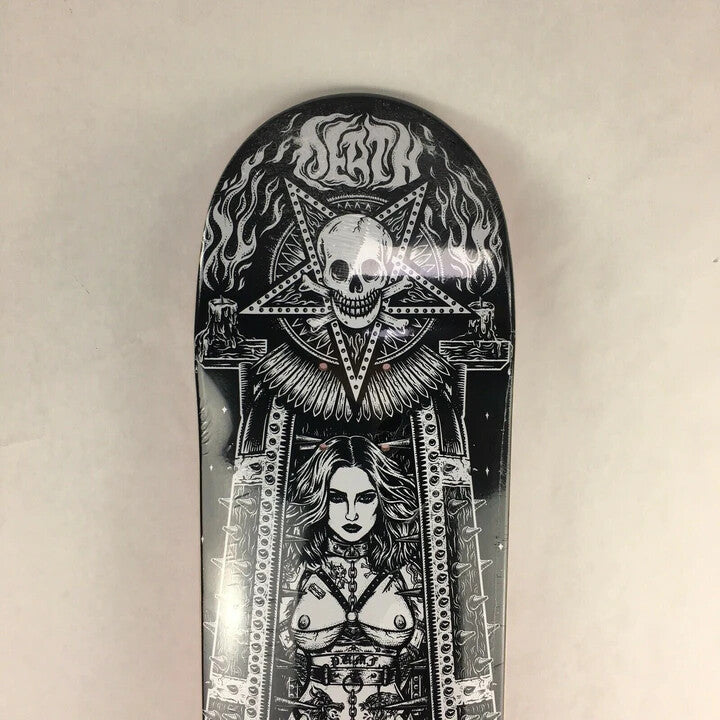 Death Skateboards Eddie Belvedere Maiden Pro 8-inch skateboard deck with grip tape and signature Maiden graphic.