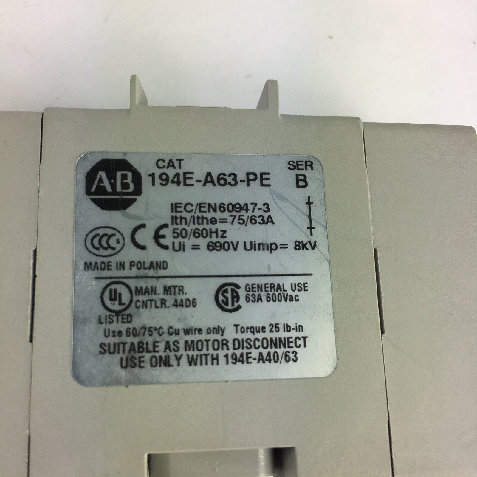 ALLEN BRADLEY 194E-A63-PE SERIES B EARTH TERMINAL 40/63A 194E-A63-PE Series B