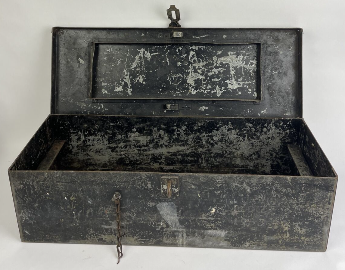 Vtg Mid-Century 1953 Military Black Metal Fishing Tackle Tool Box Embossed LOOK