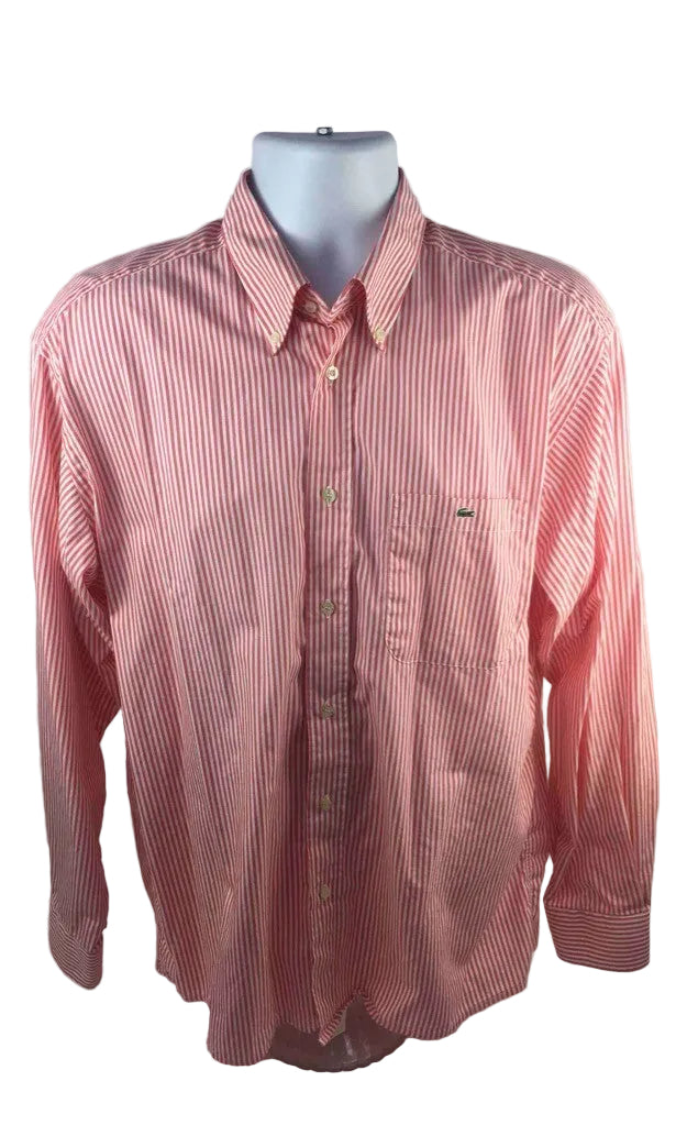 Lacoste men's white and coral striped button-down shirt with long cuffed sleeves and pocket size 22
