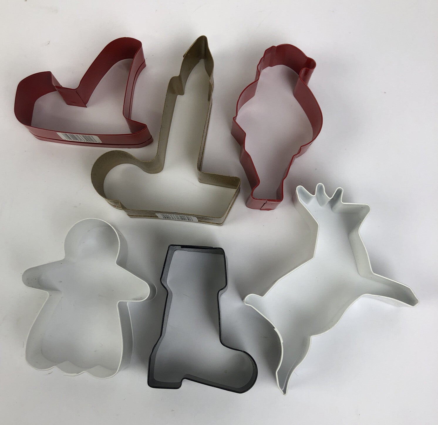 NOS Tin Aluminum Cookie Cutters Red White Handles Christmas 3” 4.5” set of 6