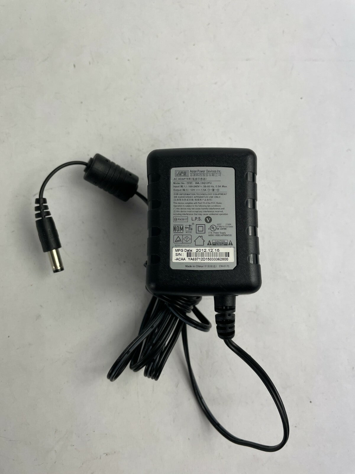 Genuine APD Ac Adapter WA-18Q12FU Output 12 V 1.5 A Power Supply Adapter A78