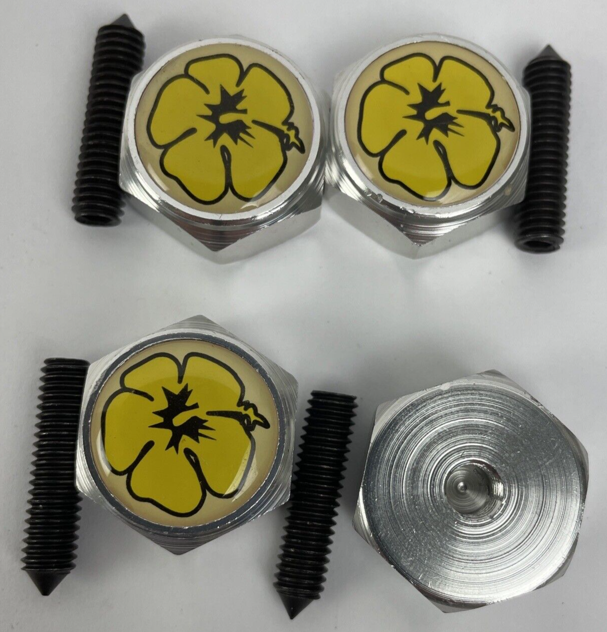 4 Yellow FLOWER License Plate Frame BOLTS Screws Caps CAR TRUCK SUV BOAT RV