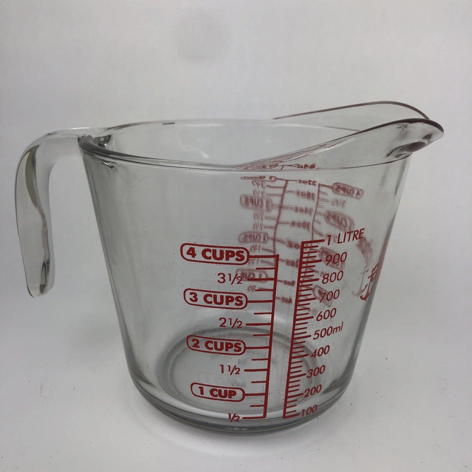 Anchor Hocking 4 Cup 1 Quart Glass Liquid Measuring Cup Red Letters - USA Made