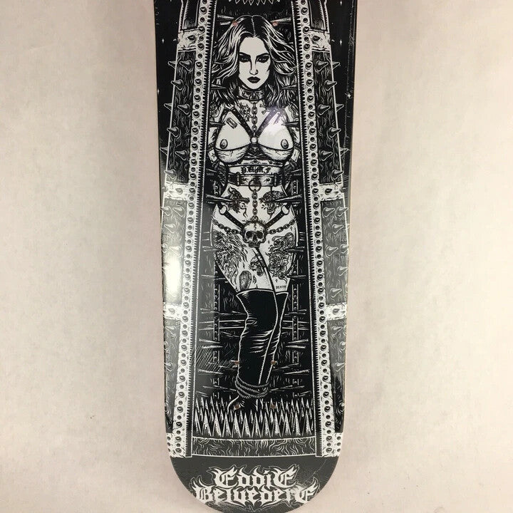 Death Skateboards Eddie Belvedere Maiden Pro 8.5-inch skateboard deck with grip tape and signature Maiden graphic.