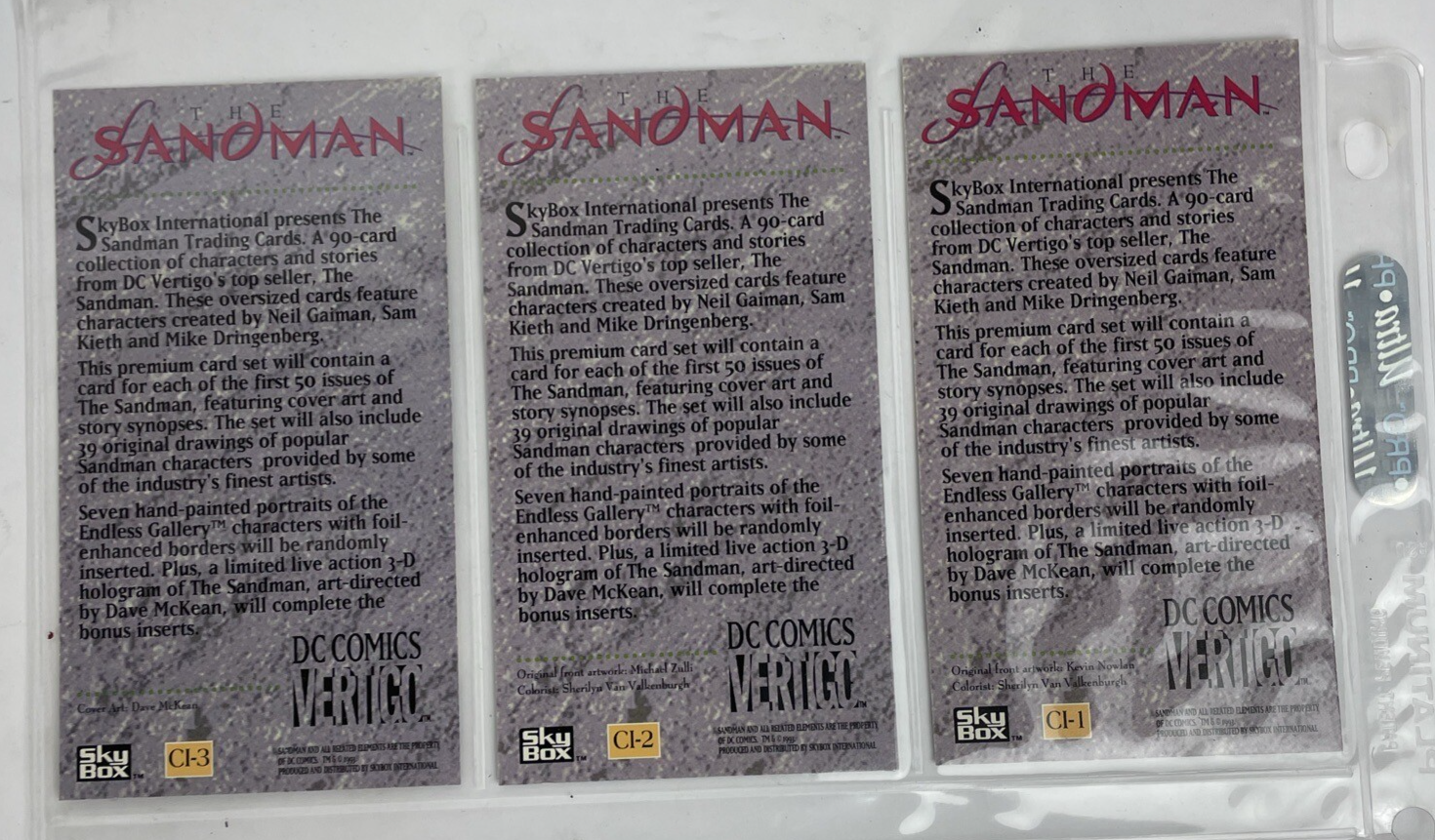 3 x 1994 Skybox DC Vertigo Sandman Illustrated Promos Matthew The Raven A Bet +