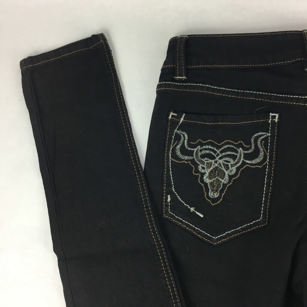 Desert Blue Womens Skinny Jeans Black Embroidery Bull Head Zipper Stretch 26 New