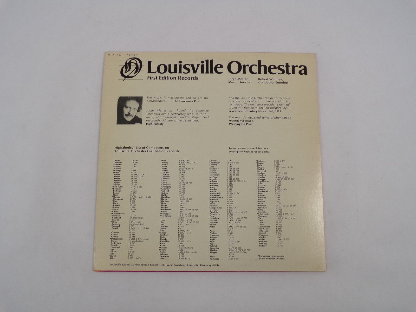 The Louisville Orchestra Jorge Mester, Music Director First Edition Records Bori