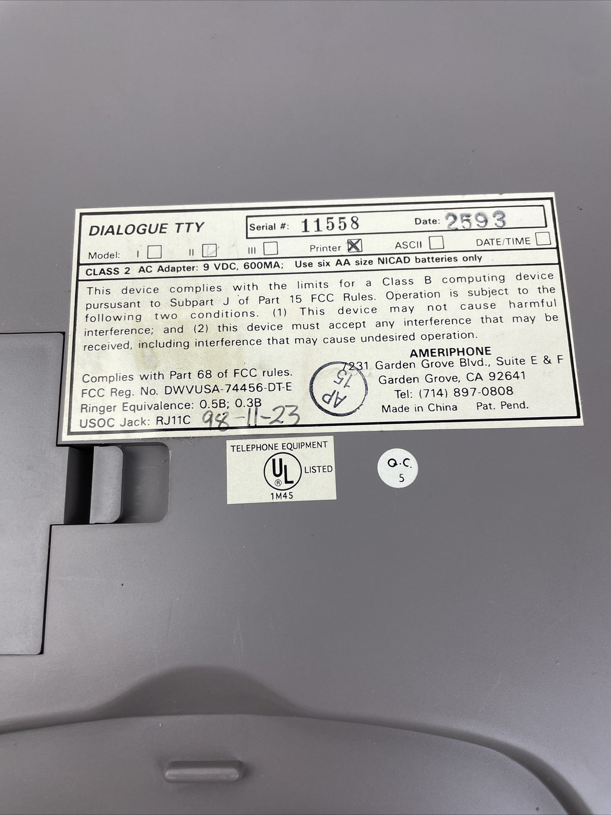 AMERIPHONE DIALOGUE TTY III-P HEARING IMPAIRED TEXT PRINTER w TELEPHONE VINTAGE