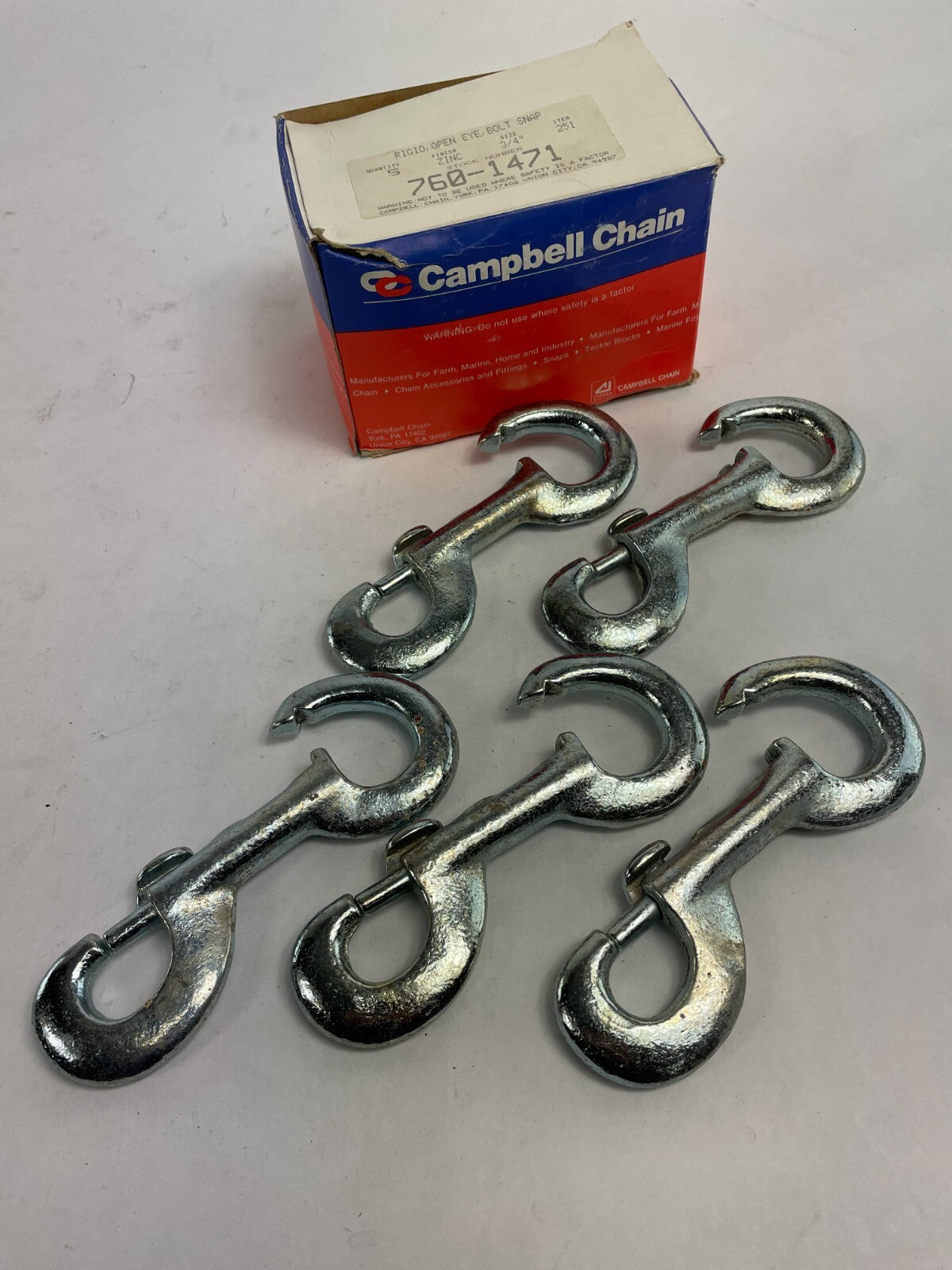 LOT of 5: Campbell Chain Rigid Open Eye Bolt Snap Zinc 760-1471 size 3/4"