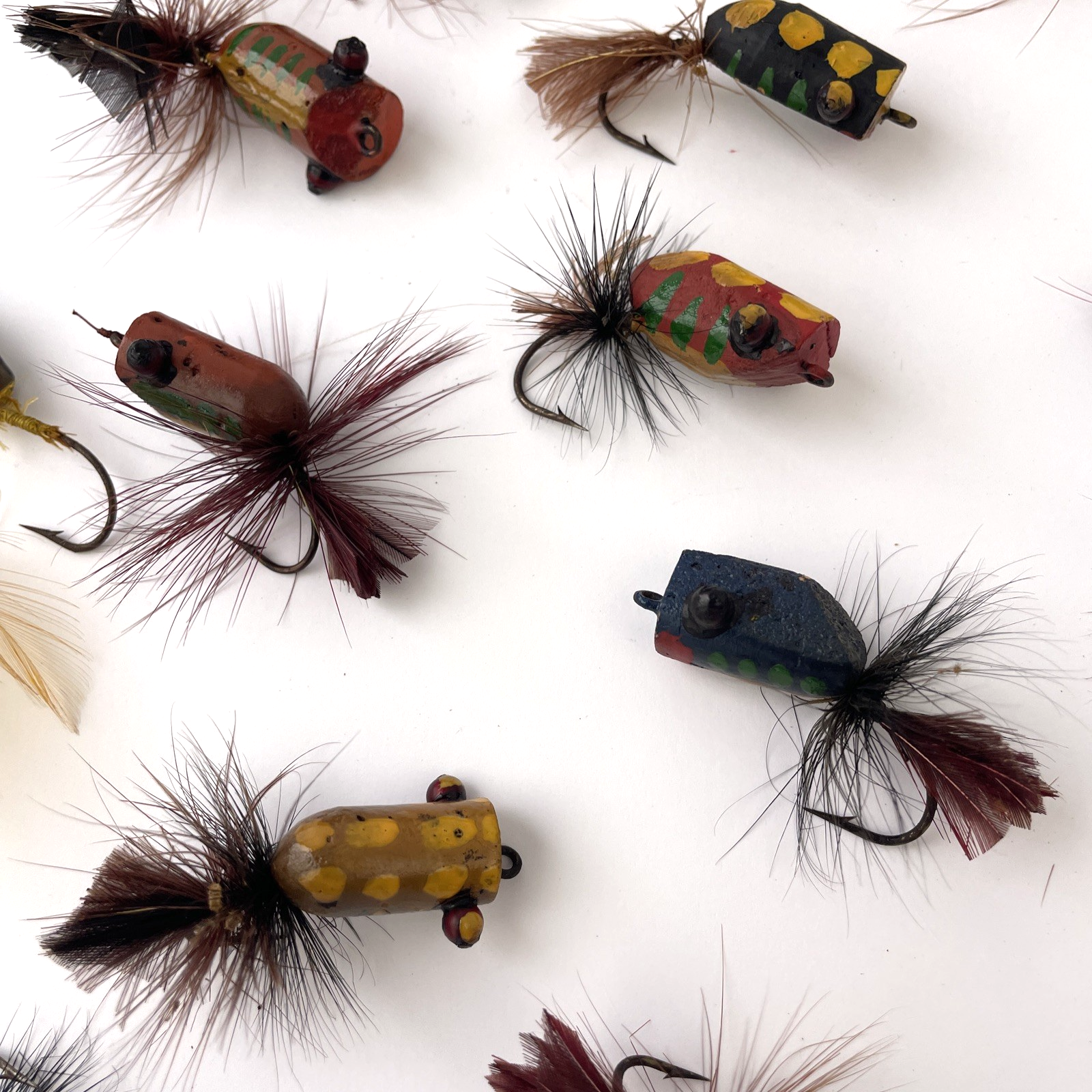 Vintage Lot Wooden Top Water Fishing Lures Flies Fly Fishing Folk Art Hand Made