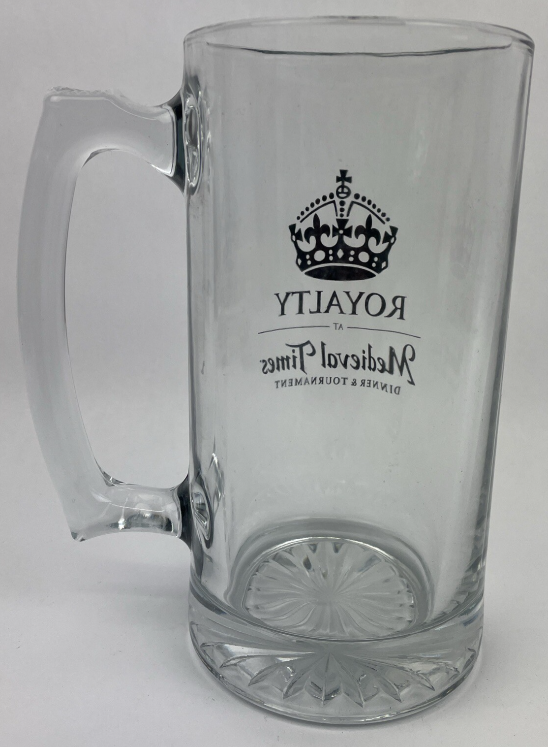 Medieval Times Royalty 24 oz clear glass beer stein mug in very good condition.