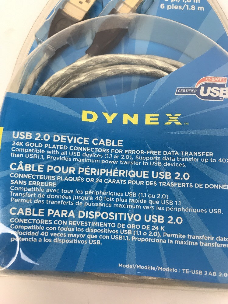 New Dynex USB 2.0 Device A Male to B Printer Cable w Gold Plated Connectors 6'