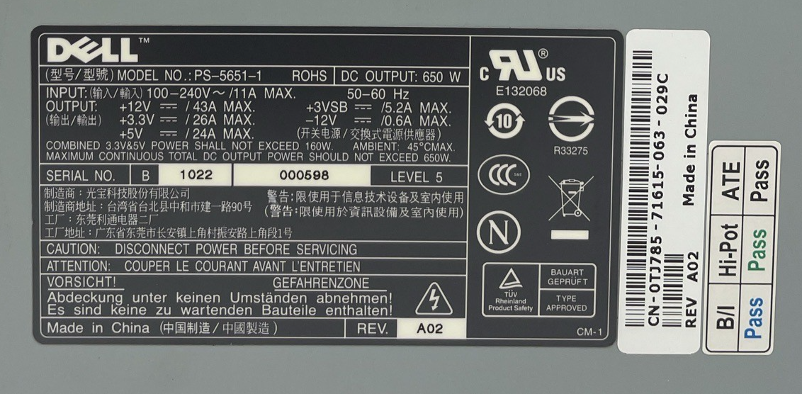OEM Dell GD323 PowerEdge 1800 1800R 650W Power Supply PS-5651-1 65-3