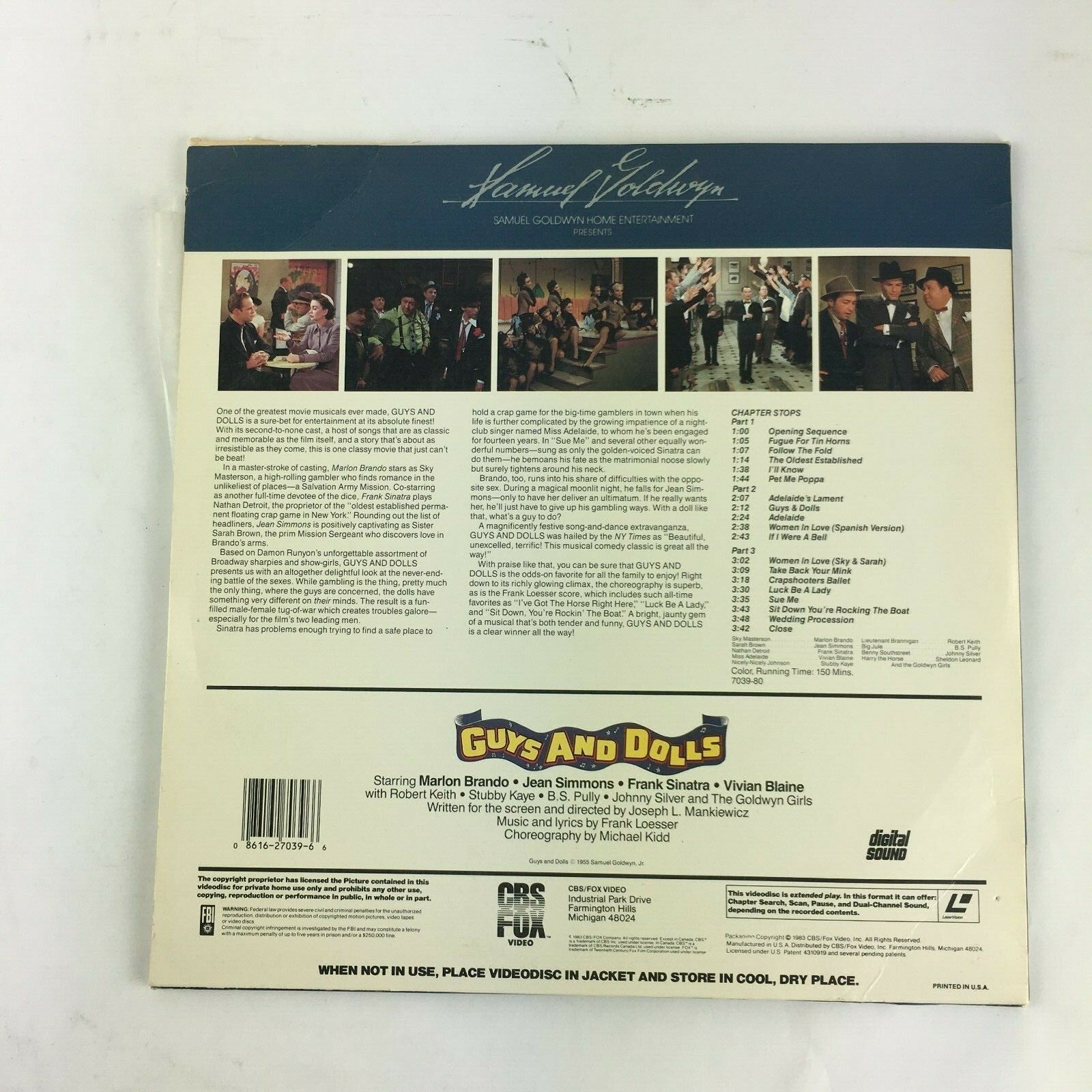 CBS FOX Video Laser Videodisc Samuel Goldwyn Home Entertainment Guys And Dolls