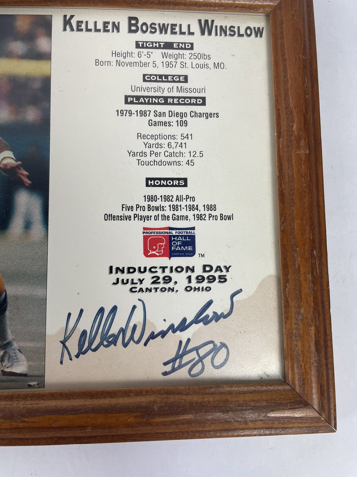 Kellen Winslow Signed 9.5 x 11.5" Framed Induction Day Hall of Fame HOF Chargers
