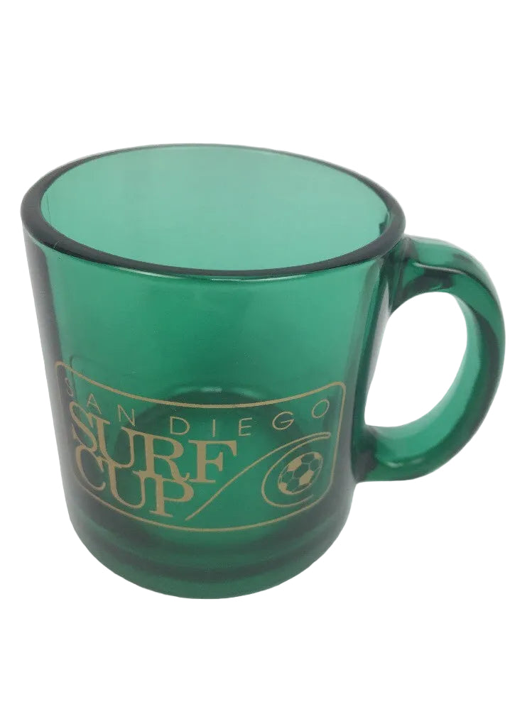 Rare San Diego Surf Cup soccer USA made green glass coffee mug.
