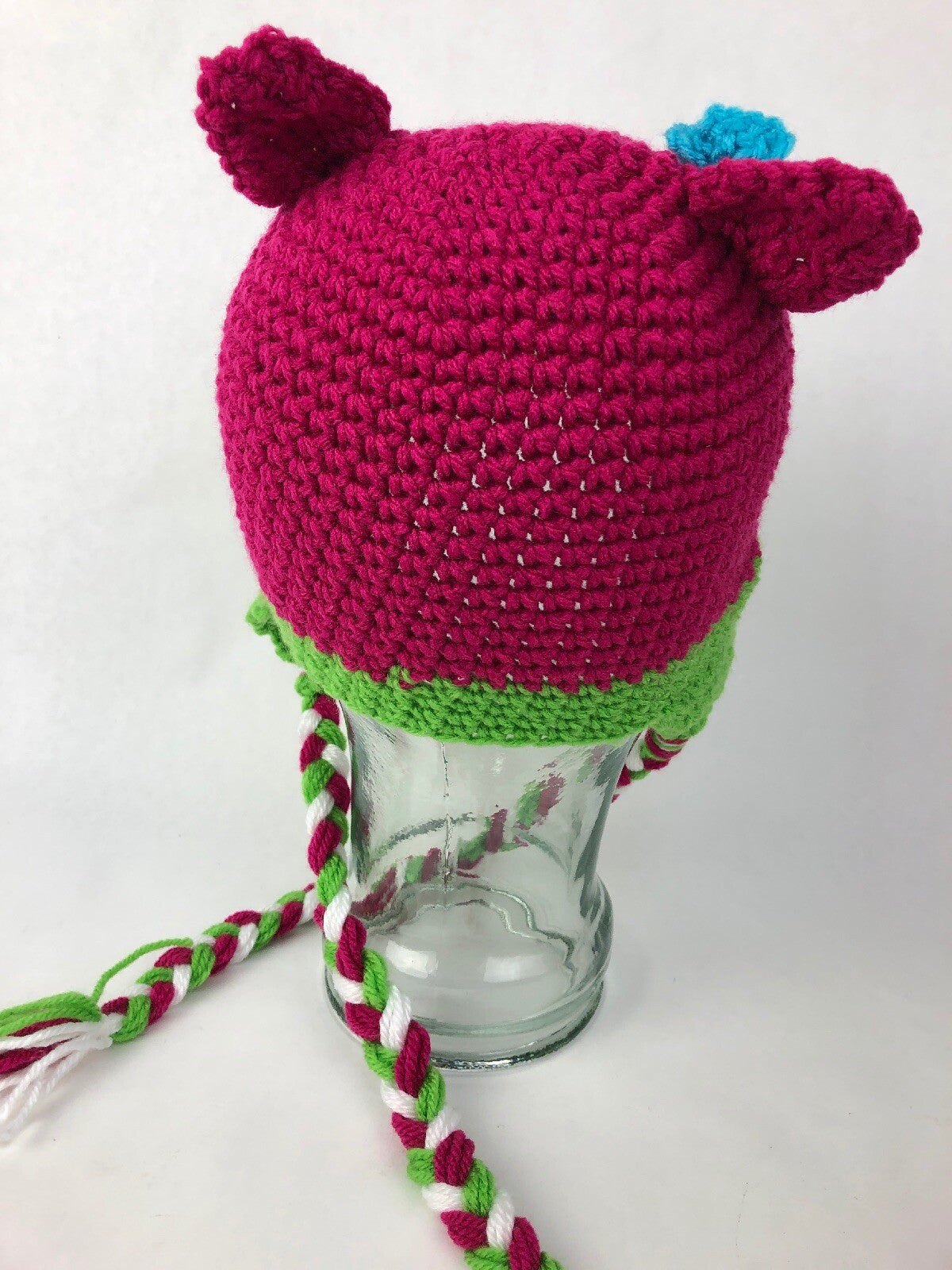 New Hand Knit Pink Green OWL FACE & Ears Winter HAT Cap Child Kids W Tie Straps