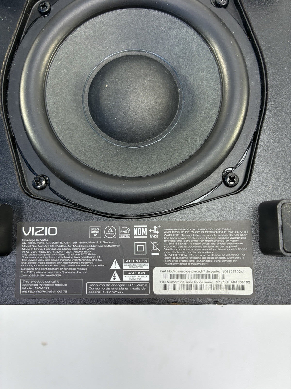 VIZIO SWA16 Wireless Active Subwoofer Only for SB3821-C6 38" 2.1 Soundbar System
