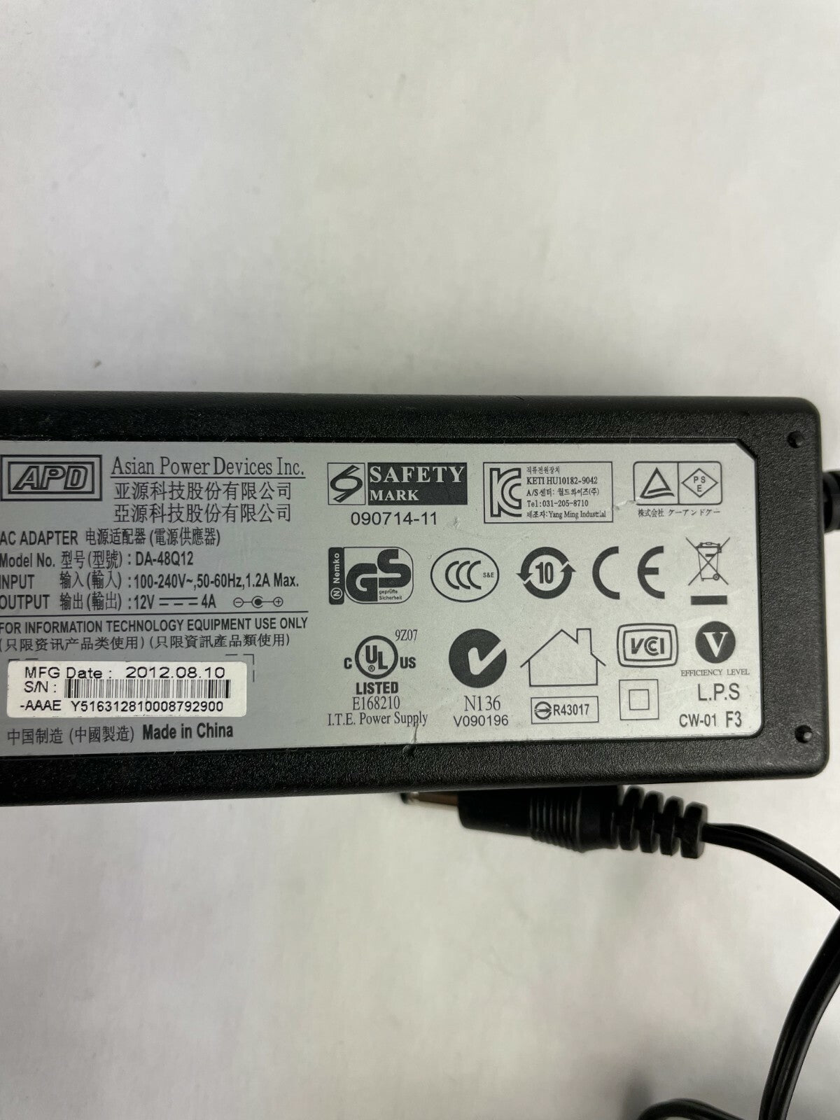 Genuine APD DA-48Q12 Ac Adapter Output 12 V 4 A Power Supply Adapter A82