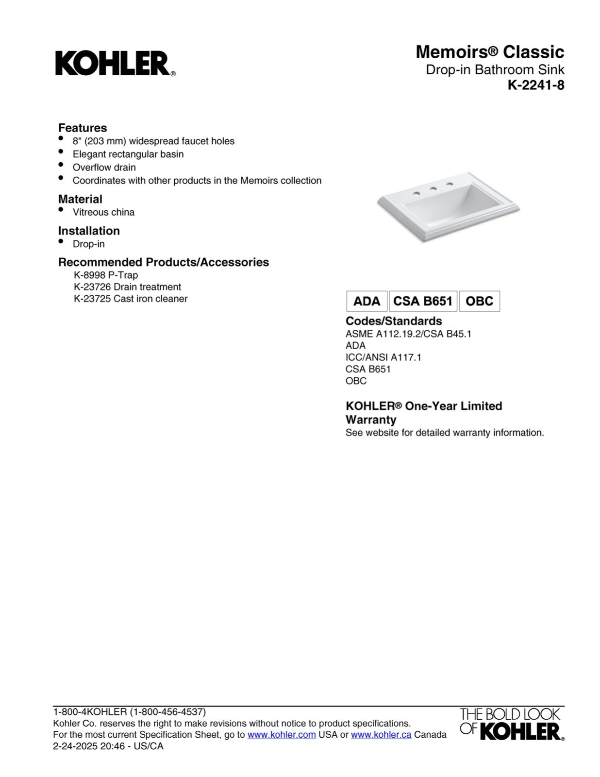 Kohler Memoirs white drop-in rectangular bathroom sink
