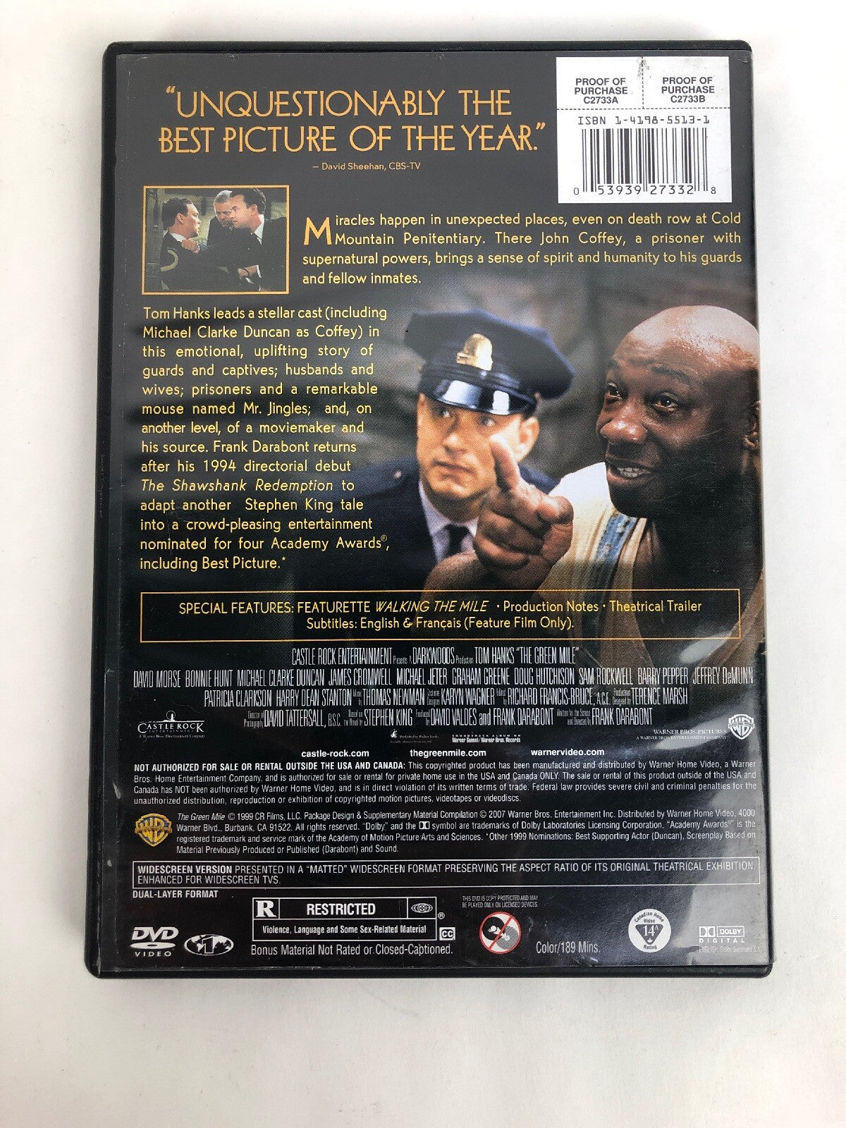 The Green Mile (DVD) Tom Hanks, Michael Clarke Duncan - Fast Free Shipping