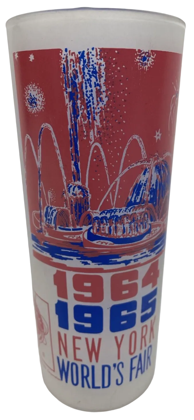 Vintage 1964–1965 New York World's Fair Pool of Industry souvenir glass with red white and blue graphics.