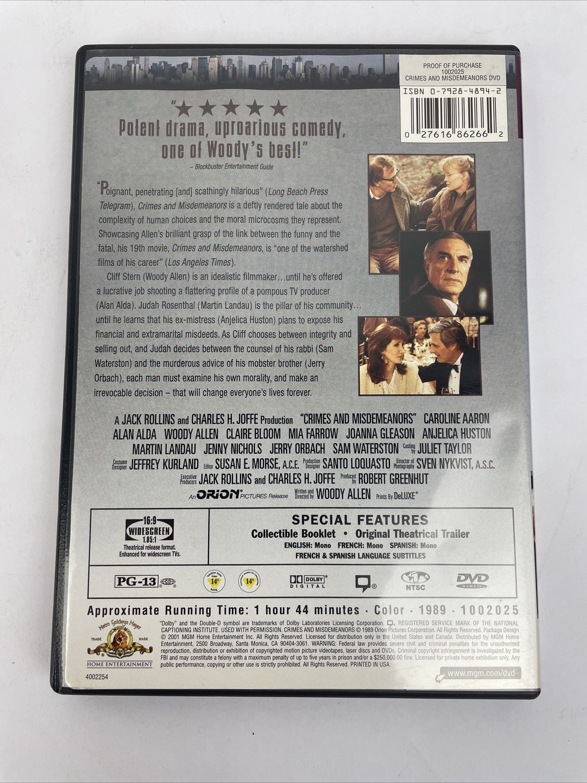 Crimes and Misdemeanors DVD Video 2001 Contemporary Classics Woody Allen - Mint