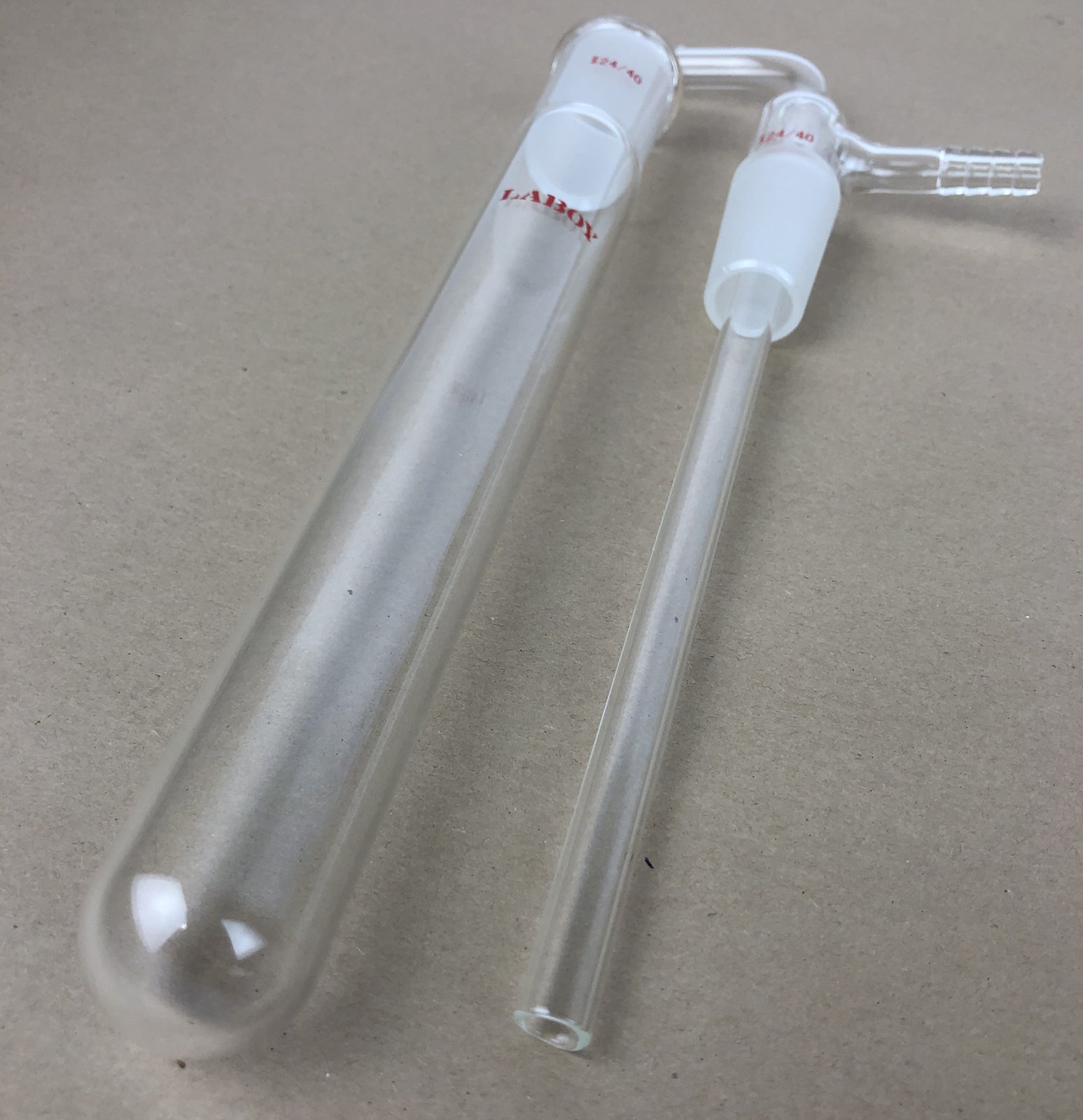 New Laboy borosilicate glass inlet adapter with 24/40 inner glass joint and beaker.