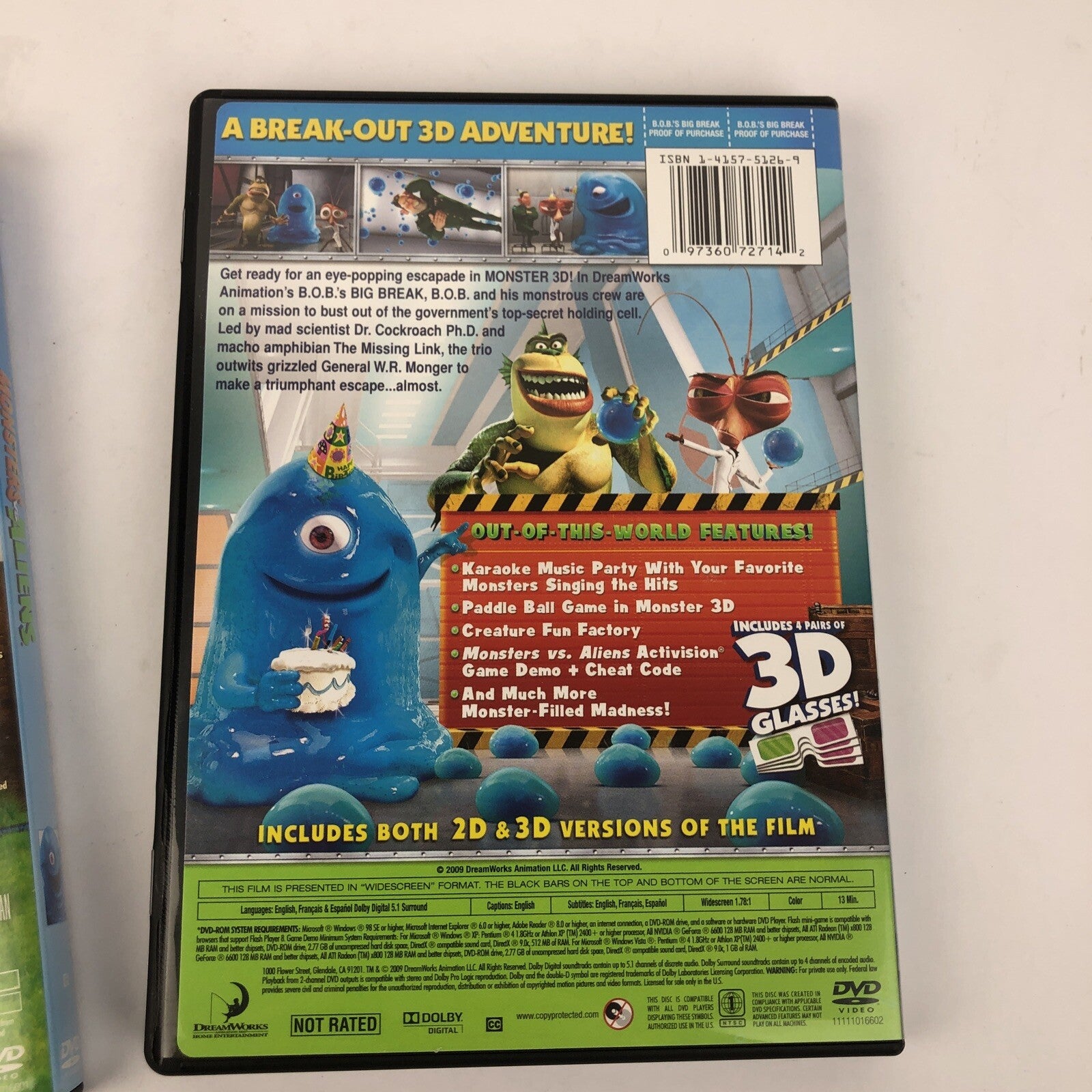 DREAMWORKS Monsters Vs Aliens (2018) B.O.B’s Big Break w 3D Glasses (2009) DVD