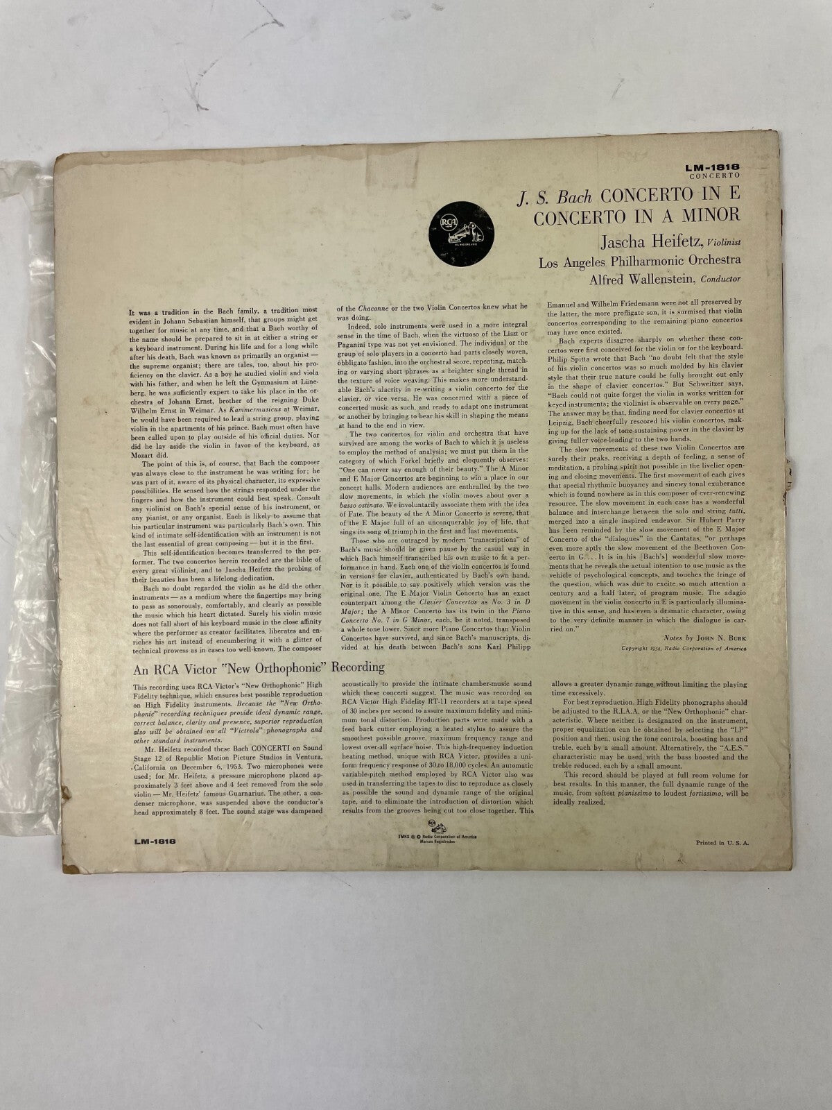 Two Bach Concertos A New Orthophonic High Fidelity Recordings Vinyl Record