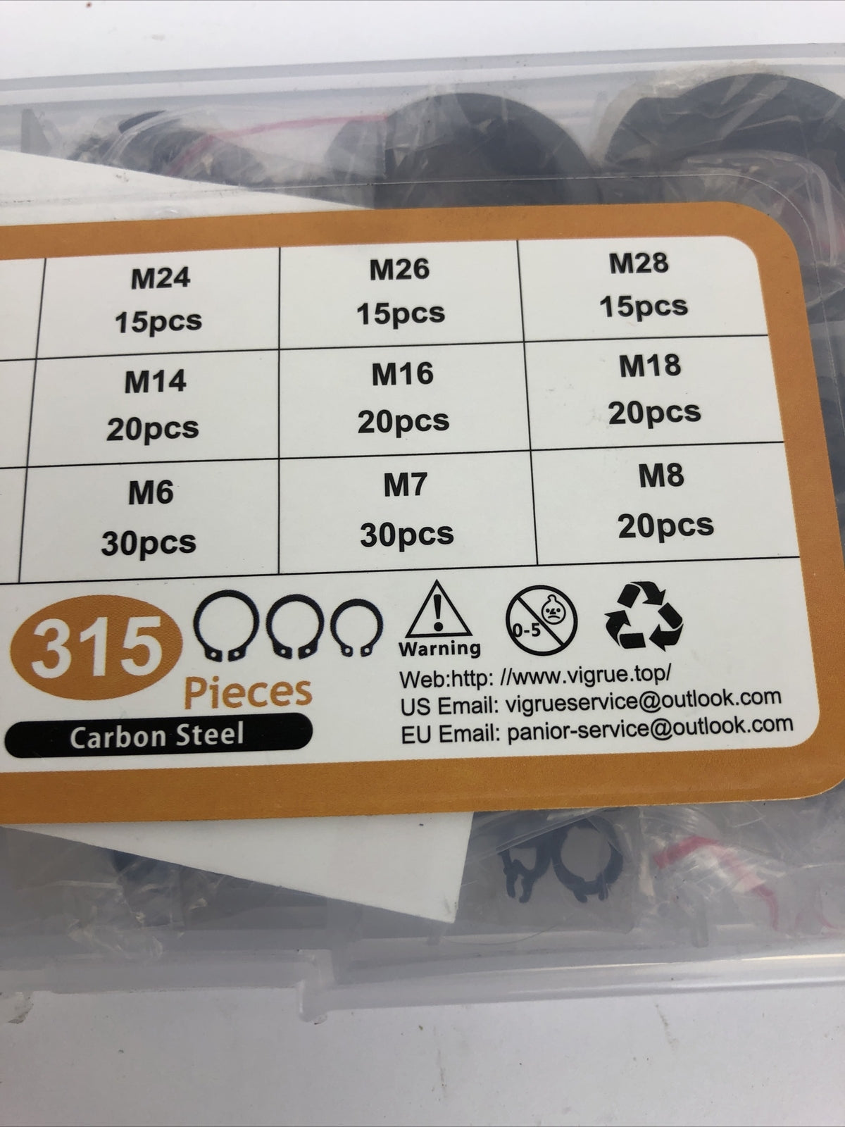 VIGRUE 315 Pieces External Circlip Snap Retaining Clip Ring Set Carbon Steel