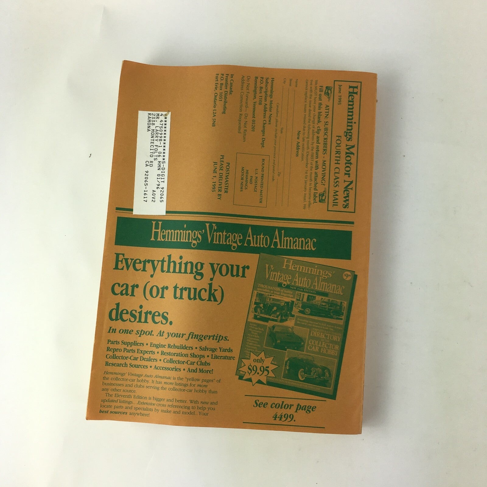 June 1995 Hemmings Motor News Magazine New Hemmings' Vintage Auto Almanac