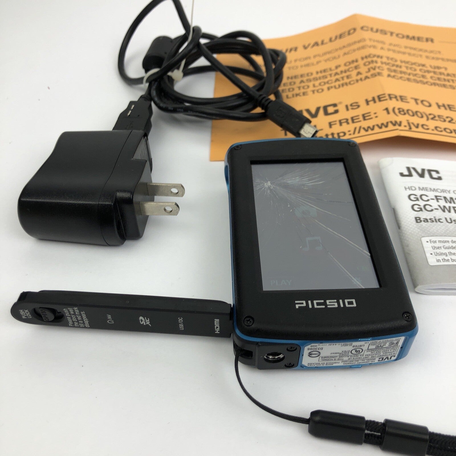 JVC Picsio HD Blue Memory Camera Model GC-WP10AU Charger and Manual - LOOK