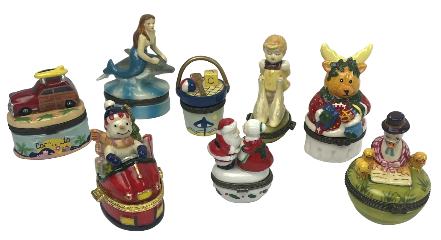 8 x Vintage Trinket Boxes Ceramic Christmas Beach Woody Mother Goose Mermaid