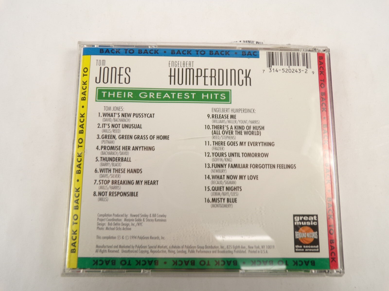 Tom Jones & Engelbert Humperdinck Back To Back Not Responsible CD#54