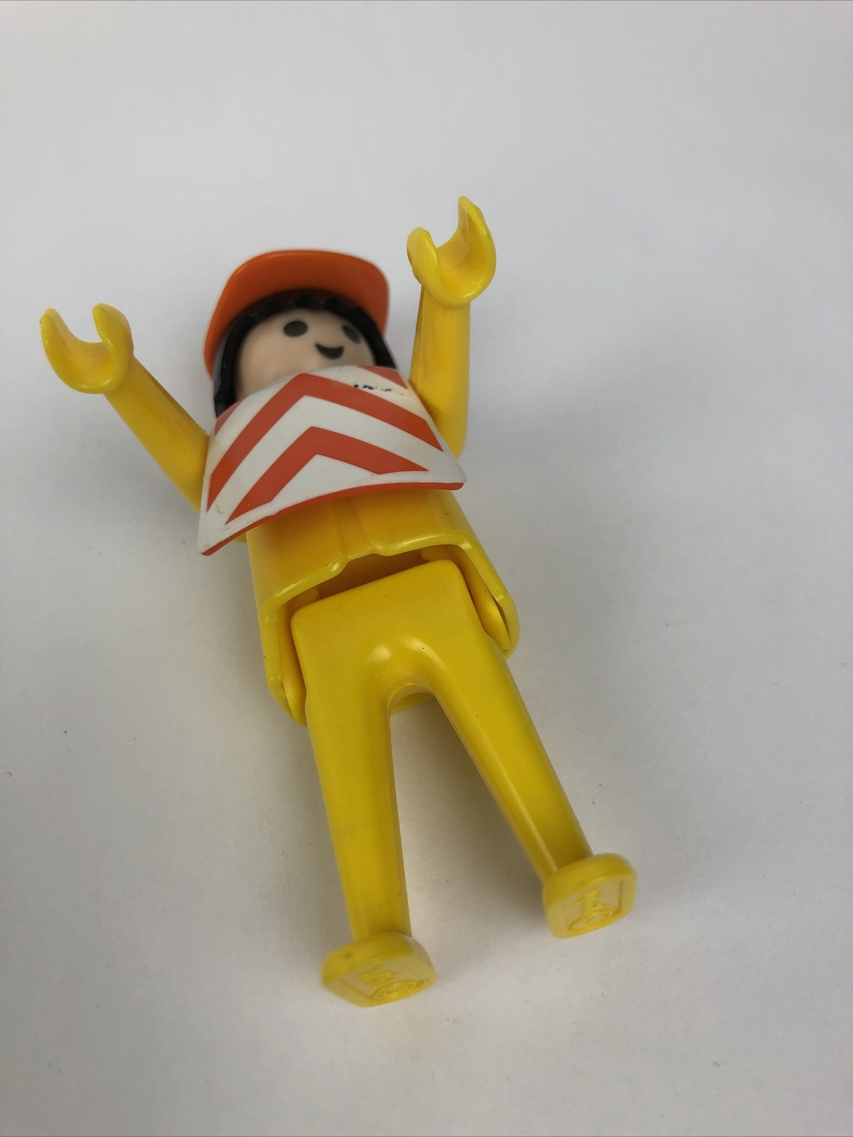 1974 Geobra Playmobill Yellow Clothes Orange Hardhat Black Hair 3" Figure w VEST