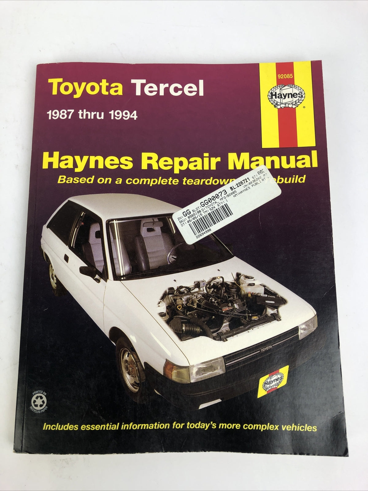 Toyota Tercel Haynes Repair Manual ( 1987 thru 1994 ) # 92085