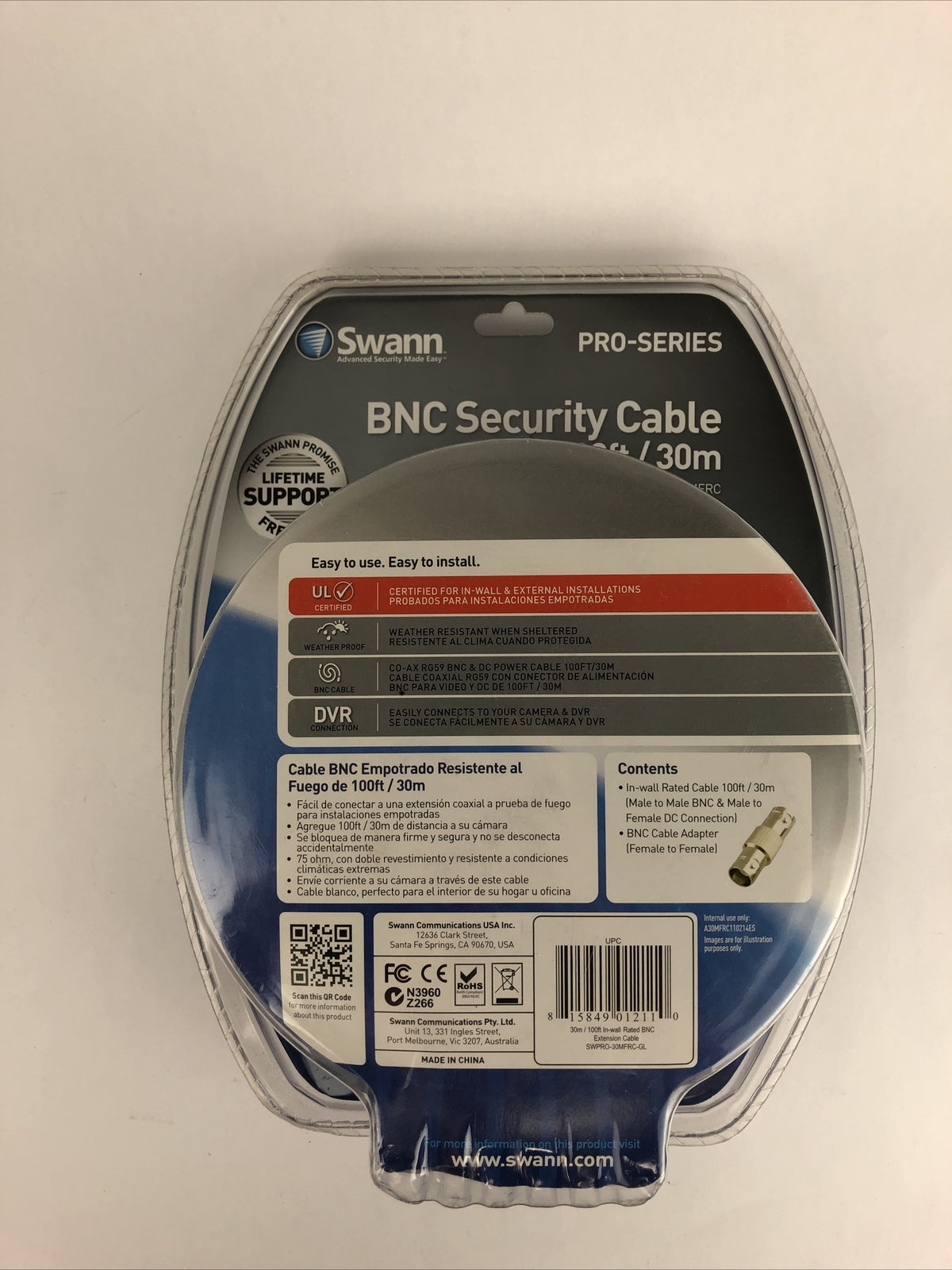 New SWANN PRO-SERIES In Wall Fire Rated 100ft/30m BNC Cable Unopened Sealed