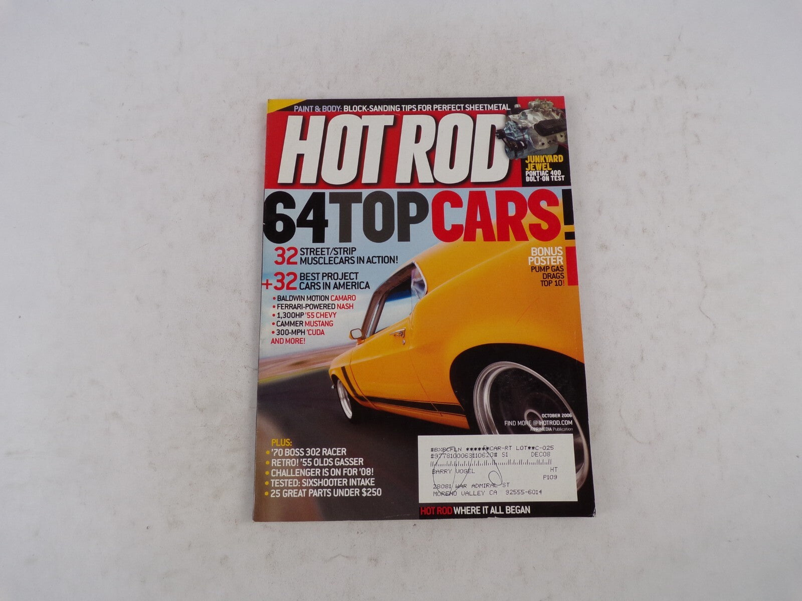 December 2008 Hot Rod 64Top Cars! Bonus Poster Pump Gas Drags Top 10 Street/Stri