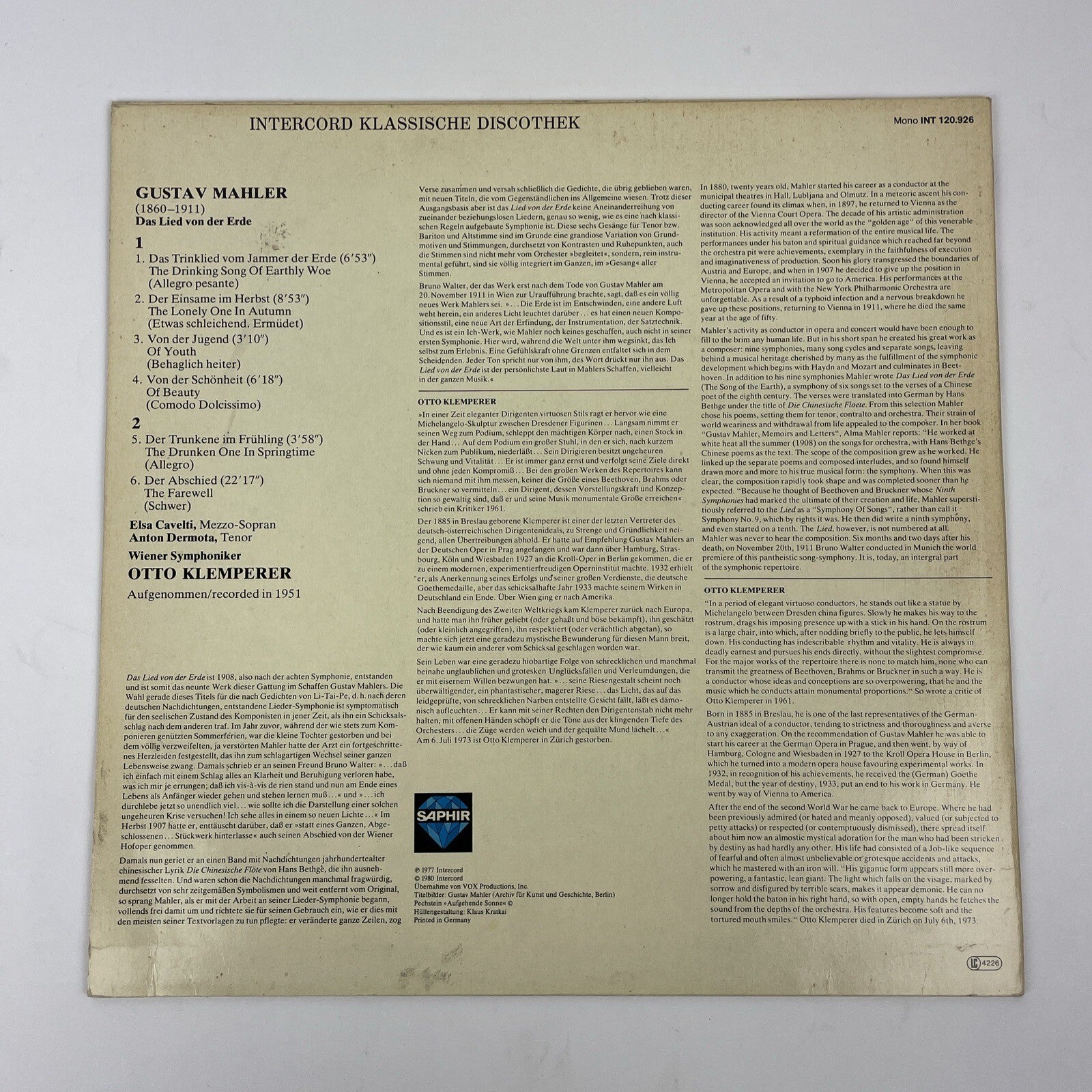 Gustav Mahler : Das Lied von der Erde Saphir Records Intercord Klassische Disco