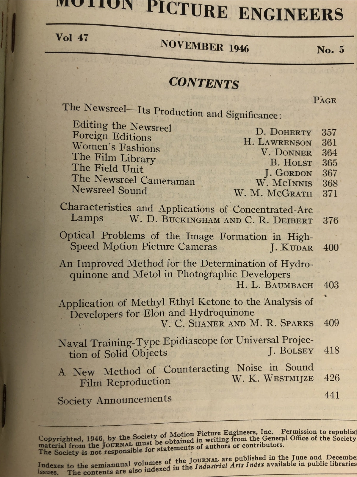 SMPE Journal Of The Society Of Motion Picture Engineers November 1946 VOL 47 No5