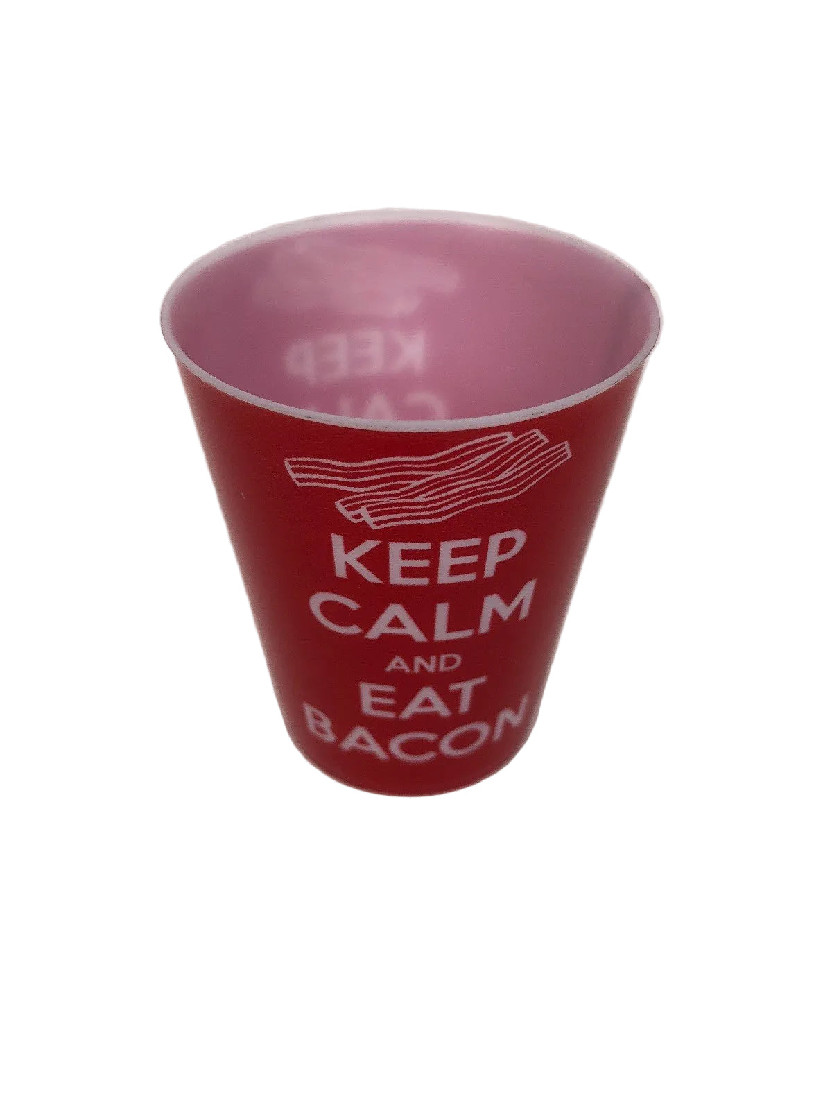 Rare Keep Calm and Eat Bacon novelty plastic reusable shot glass