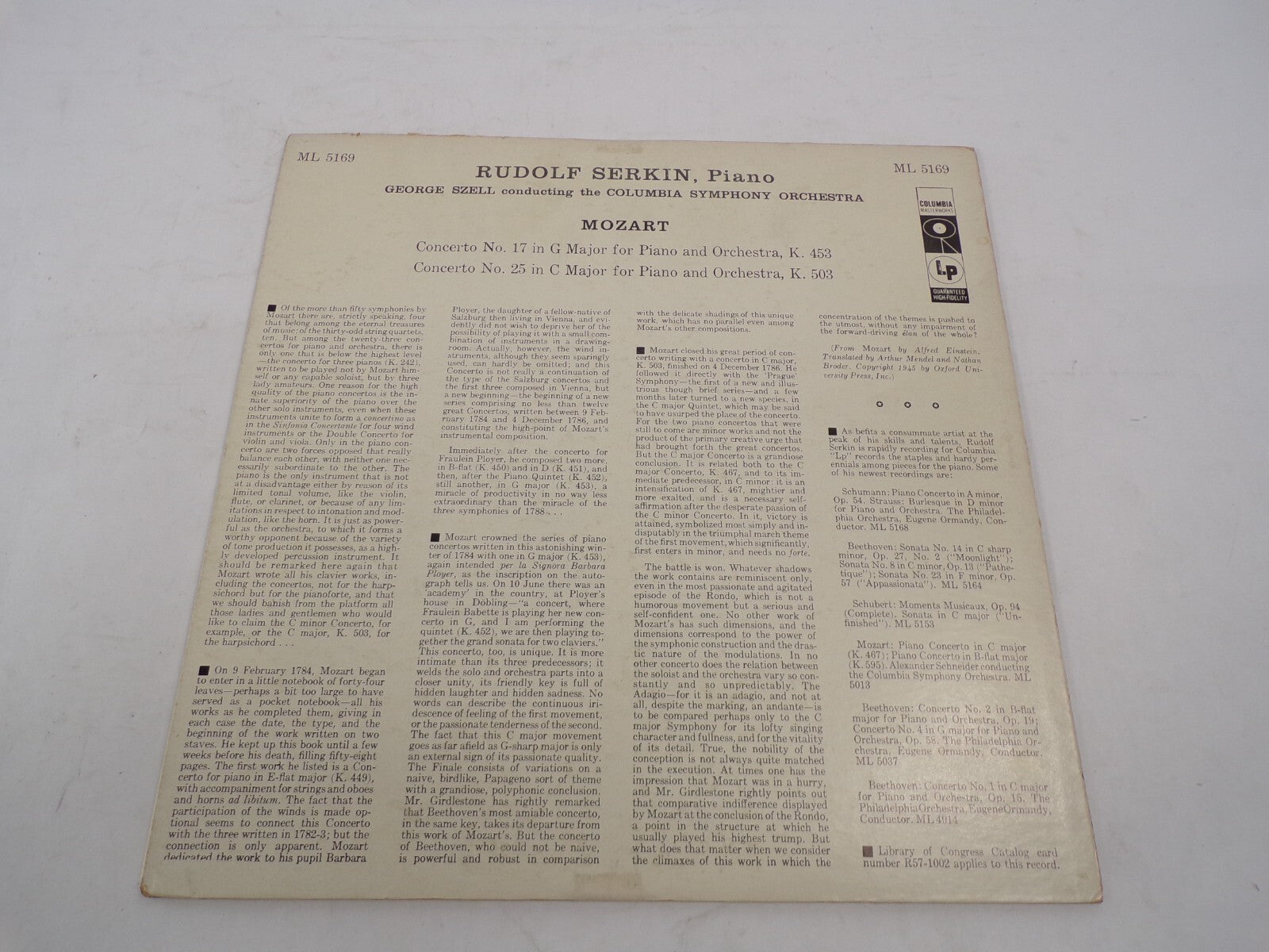 Rudolf Serkin George Szell Mozart Columbia Symphony Orchestra Vinyl Record