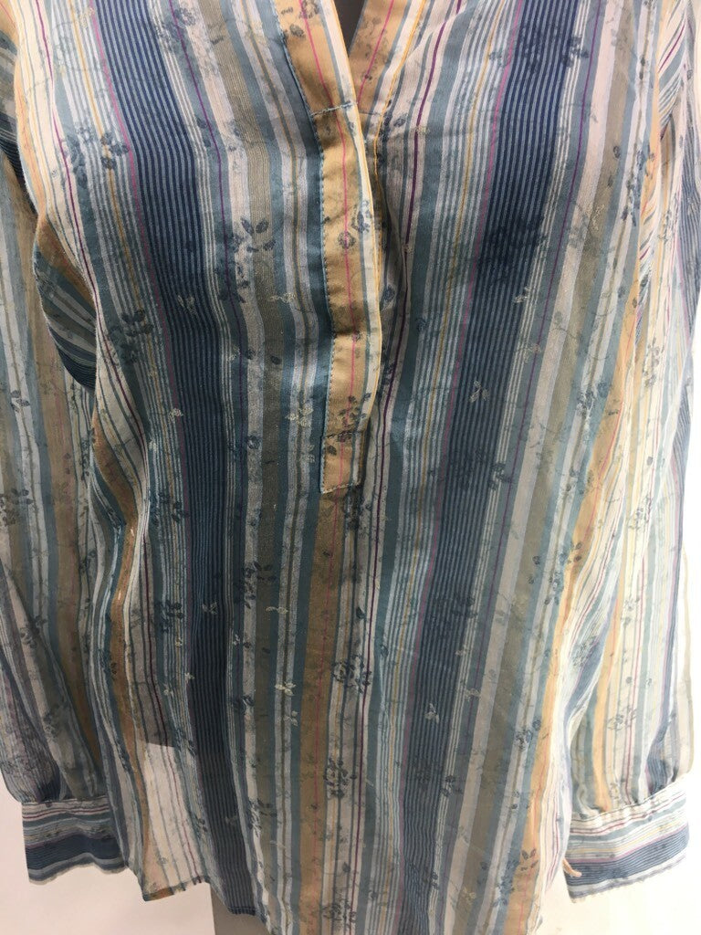 Kenneth Cole Womens Popover Shirt Blue Floral Striped Long Sleeve Smocked Back 4