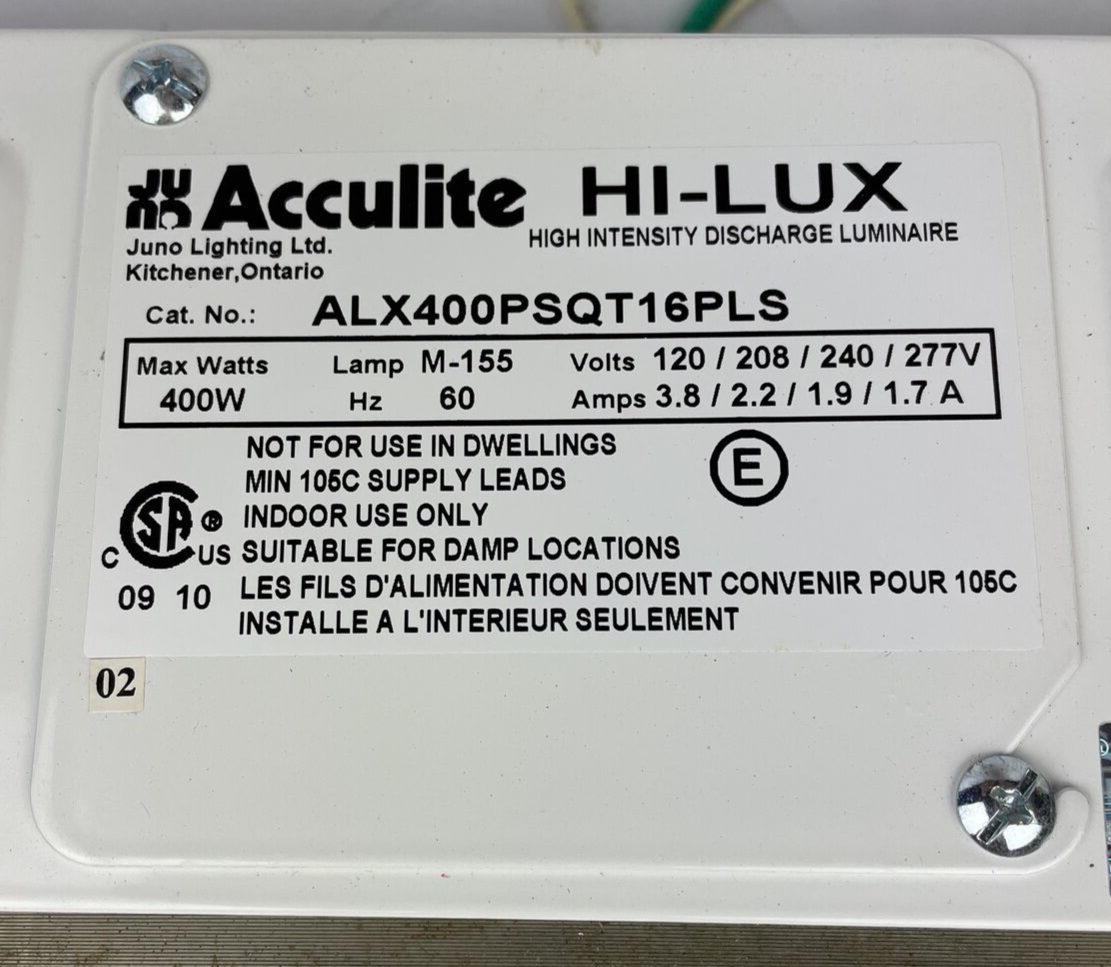 JUNO LIGHTING ACCULITE HI-LUX MODEL ALX400PSQT15PLS 400w Bulb Ballast NOS - LOOK