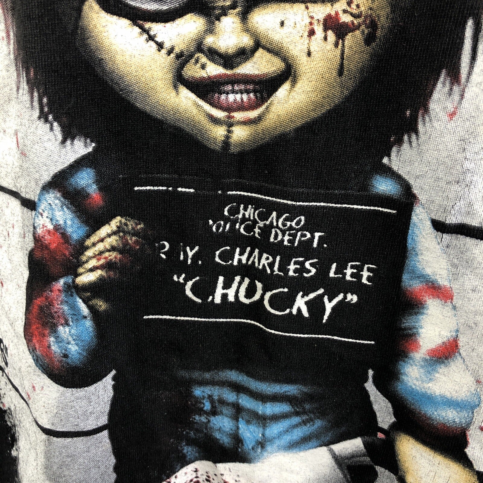 CHUCKY T-shirt Child's Play Doll Police Lineup Black Large Horror - LOOK